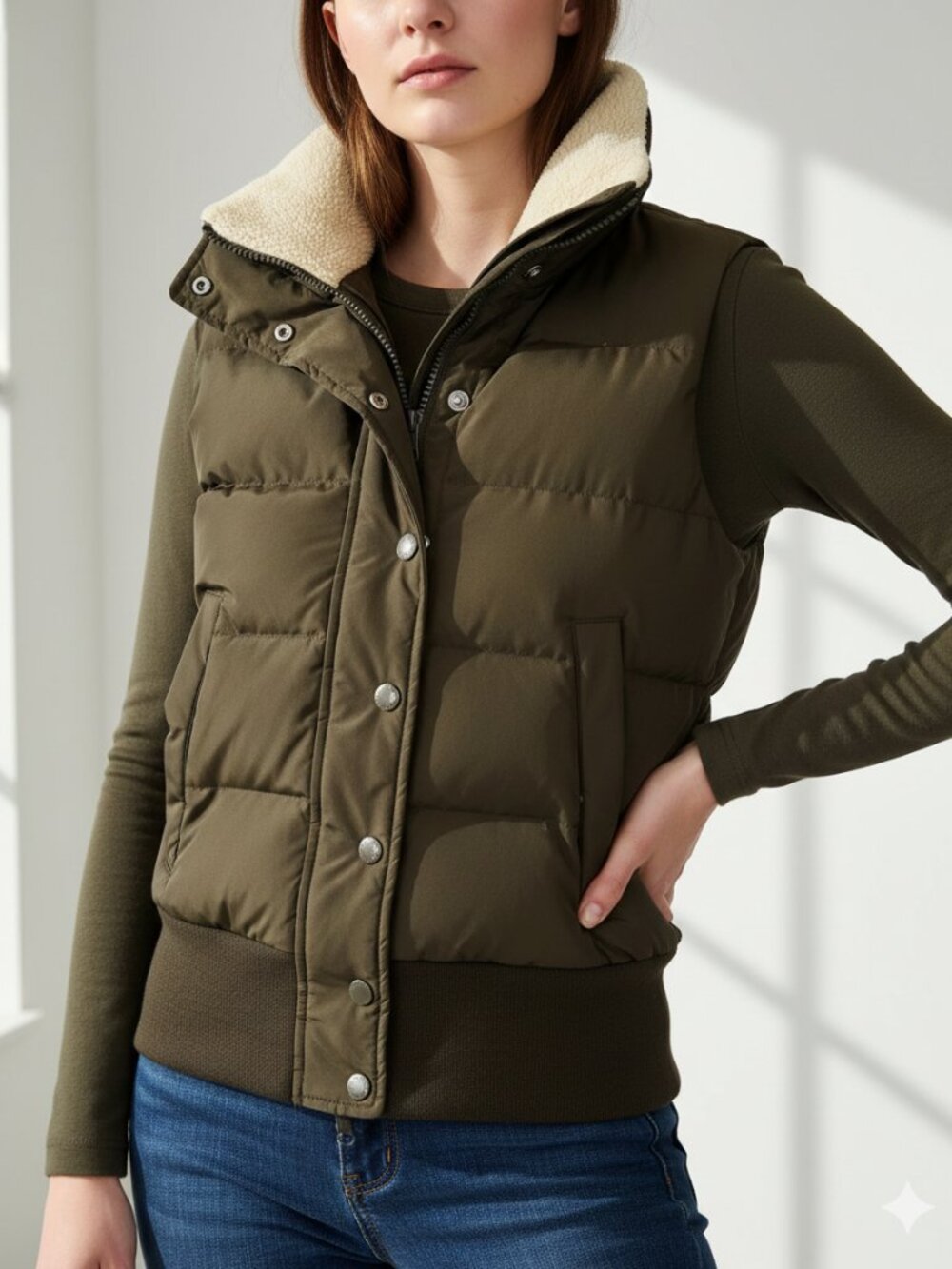 Banana Republic Puffer Vest Women's Sherpa Collar Dark Hunter Green Quilted Sz S